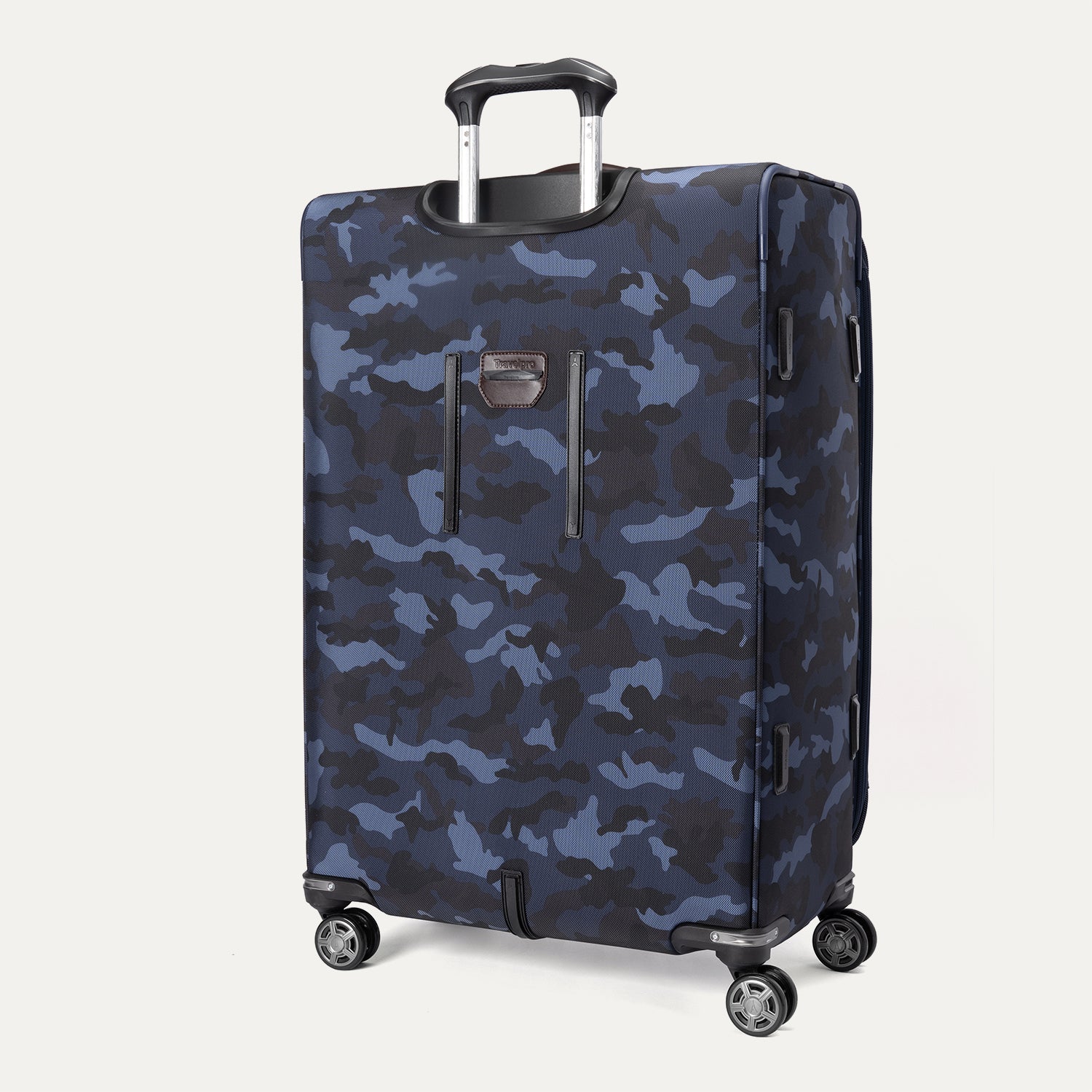**Alt text:** Back view of Platinum® Elite Large Check-In Spinner in Camouflage, featuring telescoping handle and spinner wheels.