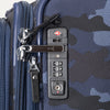 Close-up of the Platinum® Elite Large Check-In Spinner in Camouflage, highlighting integrated TSA-approved combination lock.