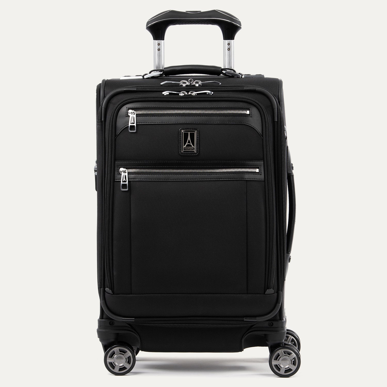 A black Platinum Elite carry-on business plus spinner luggage with chrome zippers and leather details. It features a top handle, spinner wheels, and an extension handle.