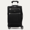 A black Platinum Elite carry-on business plus spinner luggage with chrome zippers and leather details. It features a top handle, spinner wheels, and an extension handle.