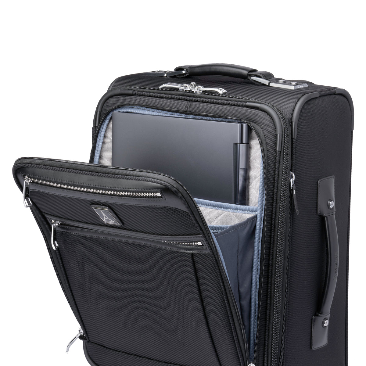 Front view of Travelpro Platinum® Elite Carry-On Business Plus Spinner in Black, featuring an open front compartment with built-in padded laptop sleeve and multiple zippered pockets for organized business travel.