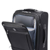 Front view of Travelpro Platinum® Elite Carry-On Business Plus Spinner in Black, featuring an open front compartment with built-in padded laptop sleeve and multiple zippered pockets for organized business travel.