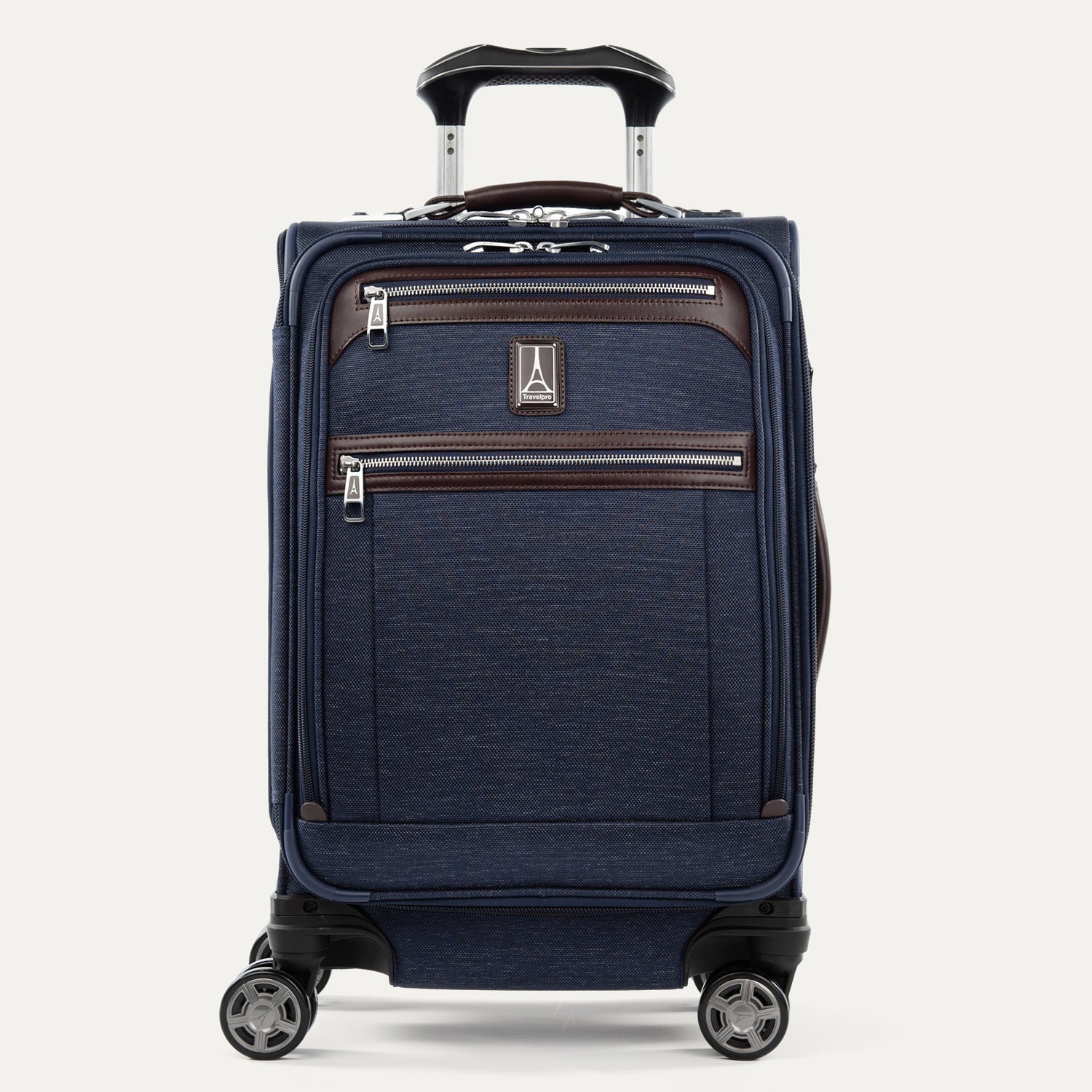 Front view of Travelpro Platinum Elite Carry-On Business Plus in True Navy, featuring Exterior Quick-Access Pockets.