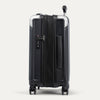 Side view of expanded black suitcase with combination lock on a white background