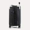 Side view of black suitcase with handle and wheels on a white background