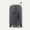 Side view of gray suitcase with expansion zipper open on a white background