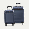 Two navy blue suitcases with striped pattern on a white background