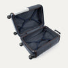Open navy blue suitcase with black wheels on a white background