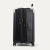 Side view of black suitcase expanded and with a tsa lock on a white background