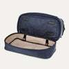 True navy weekender shoe compartment open on a white background