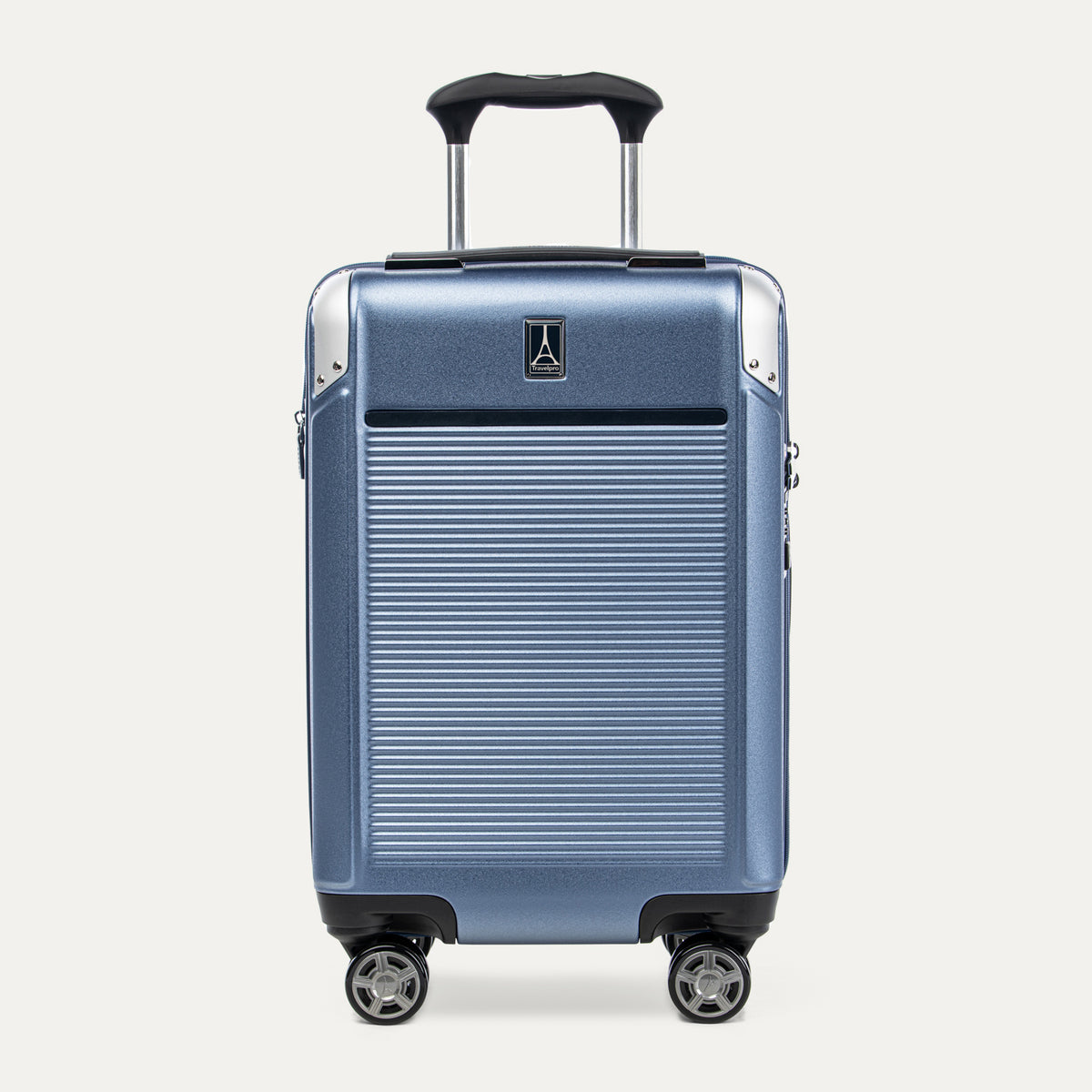 Front view of Travelpro Platinum Elite Compact Carry-On Hardside Spinner in Dark Sky Blue, featuring an ultra-strong aluminum shell and extension handle.