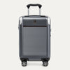 Front view of Travelpro Platinum Elite Carry-On Hardside Spinner in Vintage Grey, featuring an ultra-strong aluminum shell and extension handle.