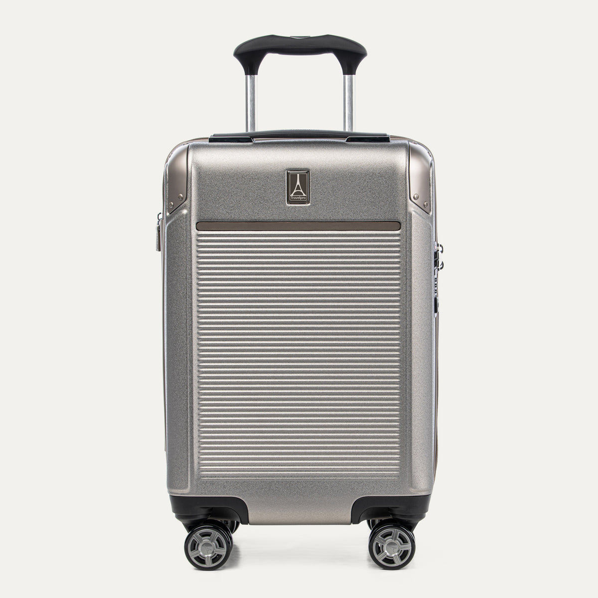 Front view of Travelpro Platinum Elite Compact Carry-On Hardside Spinner in Metallic Sand, featuring a durable aluminum shell and extension handle.