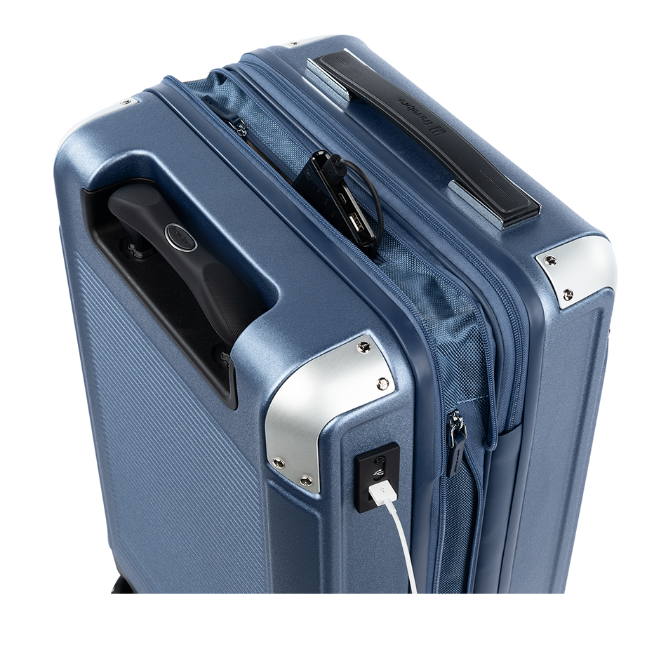 luggage showing USB cable plugged in to charge device