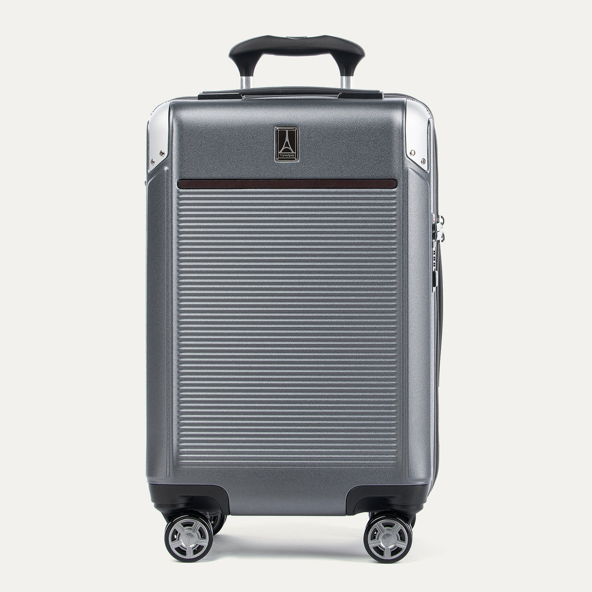 Front view of Travelpro Platinum Elite Carry-On Hardside Spinner in Vintage Grey, featuring an ultra-strong aluminum shell and extension handle.