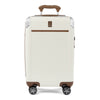 Front view of Travelpro Platinum Elite Carry-On Hardside Spinner in Cream White, featuring an ultra-strong aluminum shell and extension handle.