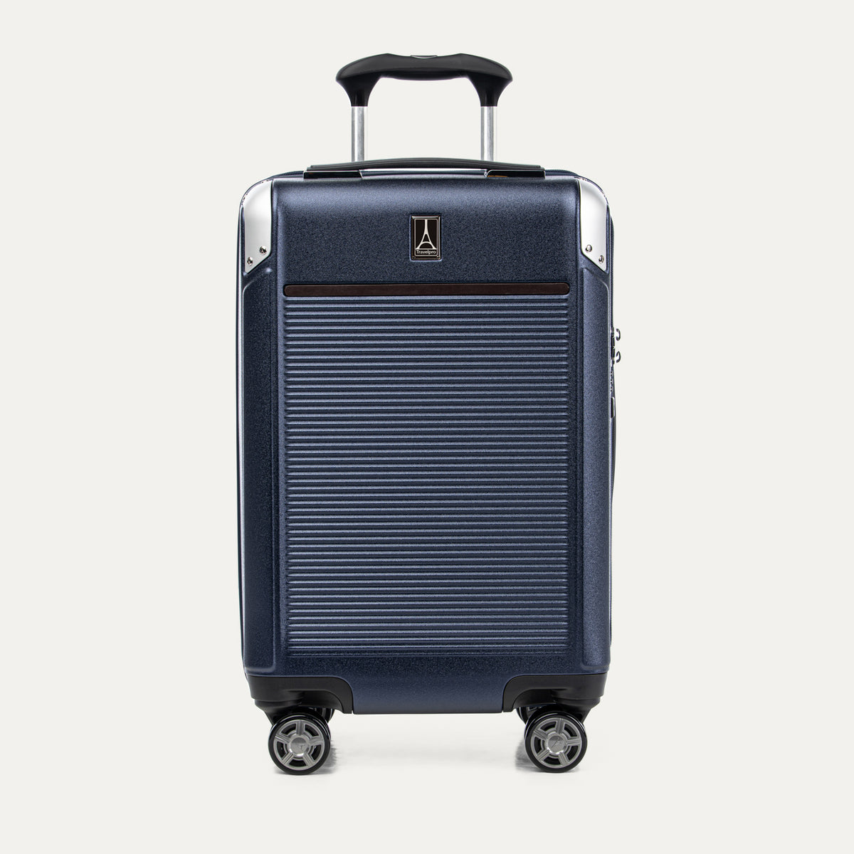 Front view of Travelpro Platinum Elite Carry-On Hardside Spinner in True Navy, featuring an ultra-strong aluminum shell and extension handle.