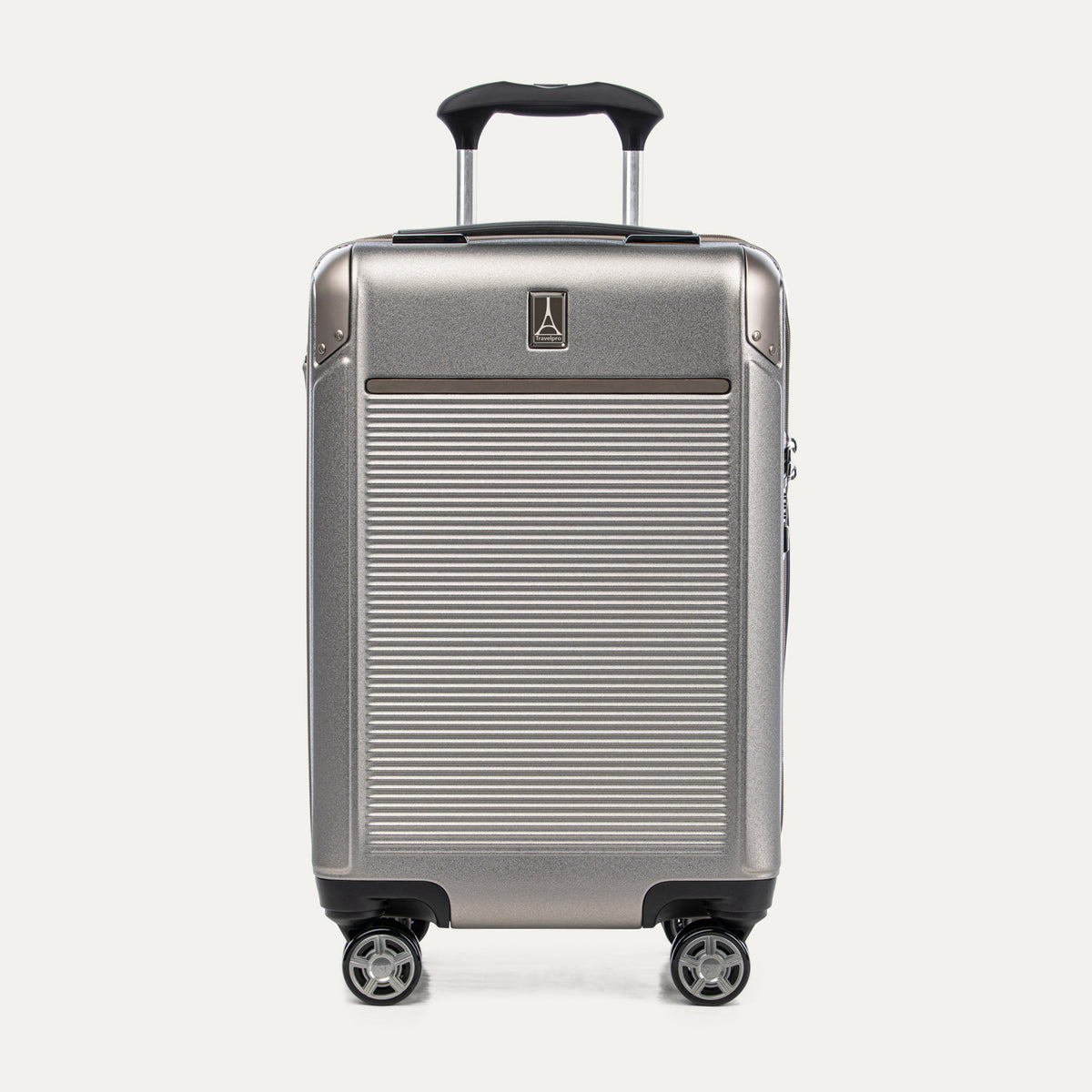Front view of Travelpro Platinum Elite Carry-On Hardside Spinner in Metallic Sand, featuring a textured polycarbonate shell.