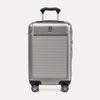 Front view of Travelpro Platinum Elite Carry-On Hardside Spinner in Metallic Sand, featuring a textured polycarbonate shell.