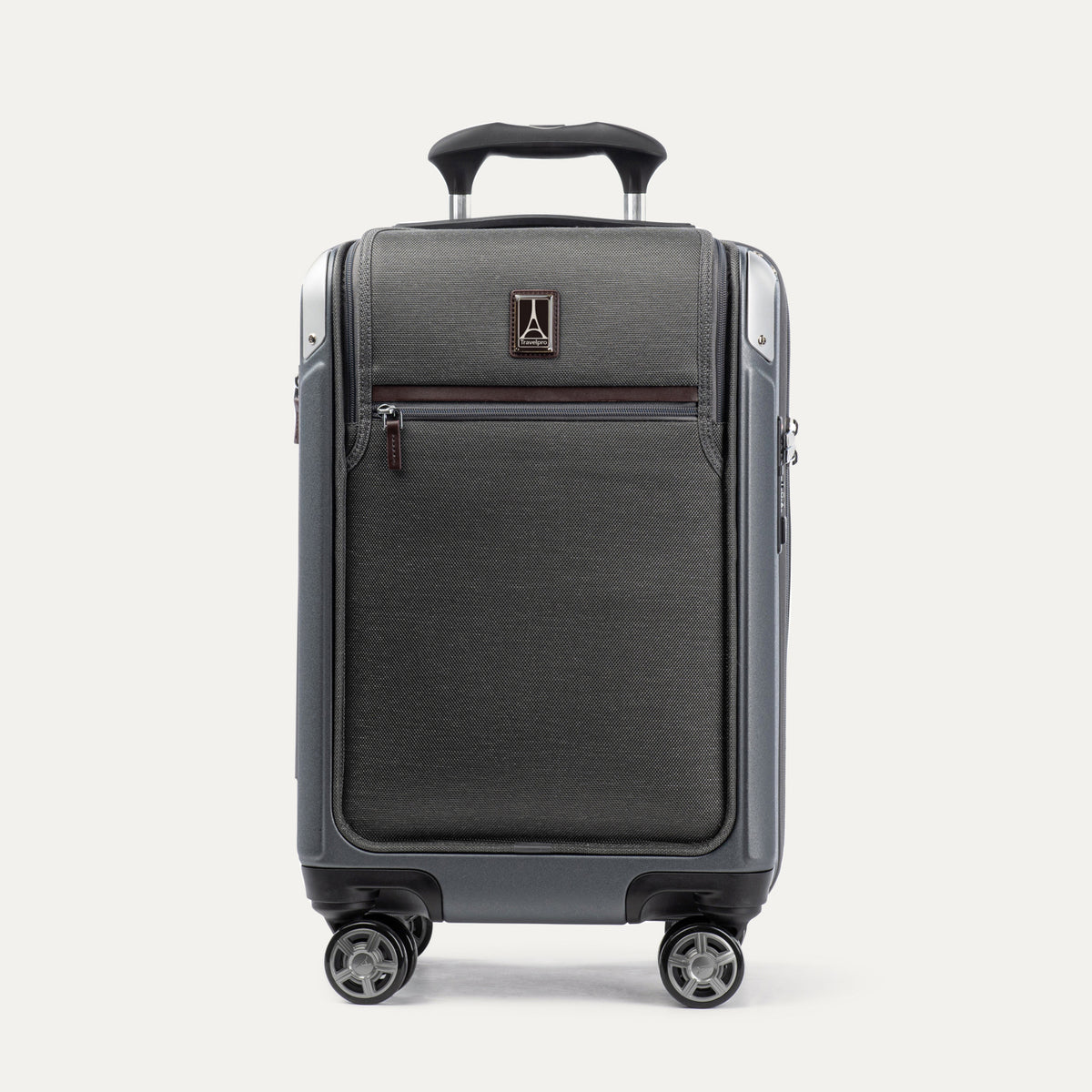 Front view of Travelpro Platinum Elite Compact Carry-On Business Plus Hardside Spinner in Vintage Grey, featuring PowerScope Extension Handle.