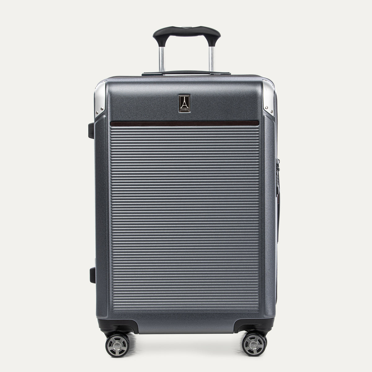 Front view of Travelpro Platinum® Elite Hardside Medium Check-In Expandable Spinner in Vintage Grey, featuring textured polycarbonate shell with chrome corner guards.