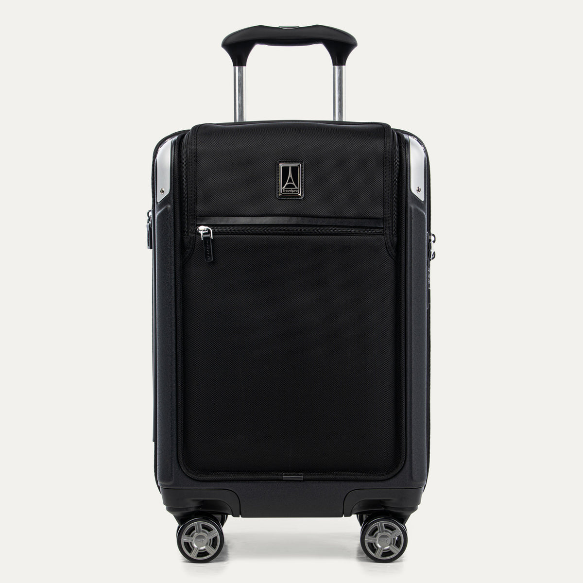 Front view of Travelpro Platinum Elite Compact Carry-On Business Plus Hardside Spinner in Black, featuring a zippered front pocket and PowerScope Extension Handle.