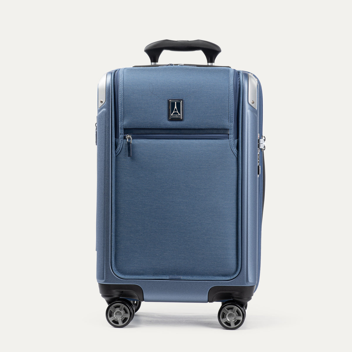 Front view of Travelpro Platinum Elite Compact Carry-On Business Plus Hardside Spinner in Dark Sky Blue, featuring a zippered front pocket and PowerScope Extension Handle.