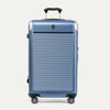 Front view of Travelpro Platinum Elite Large Check-In Expandable Hardside Spinner in Dark Sky Blue, featuring a textured polycarbonate shell and PowerScope Extension Handle.