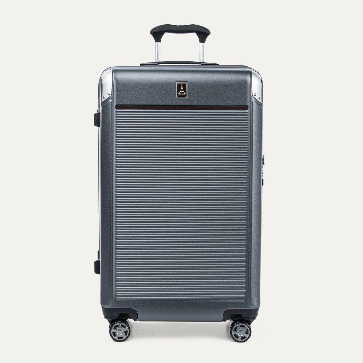 Front view of Travelpro Platinum Elite Large Check-In Expandable Hardside Spinner in Vintage Grey, featuring a textured polycarbonate shell and PowerScope Extension Handle.