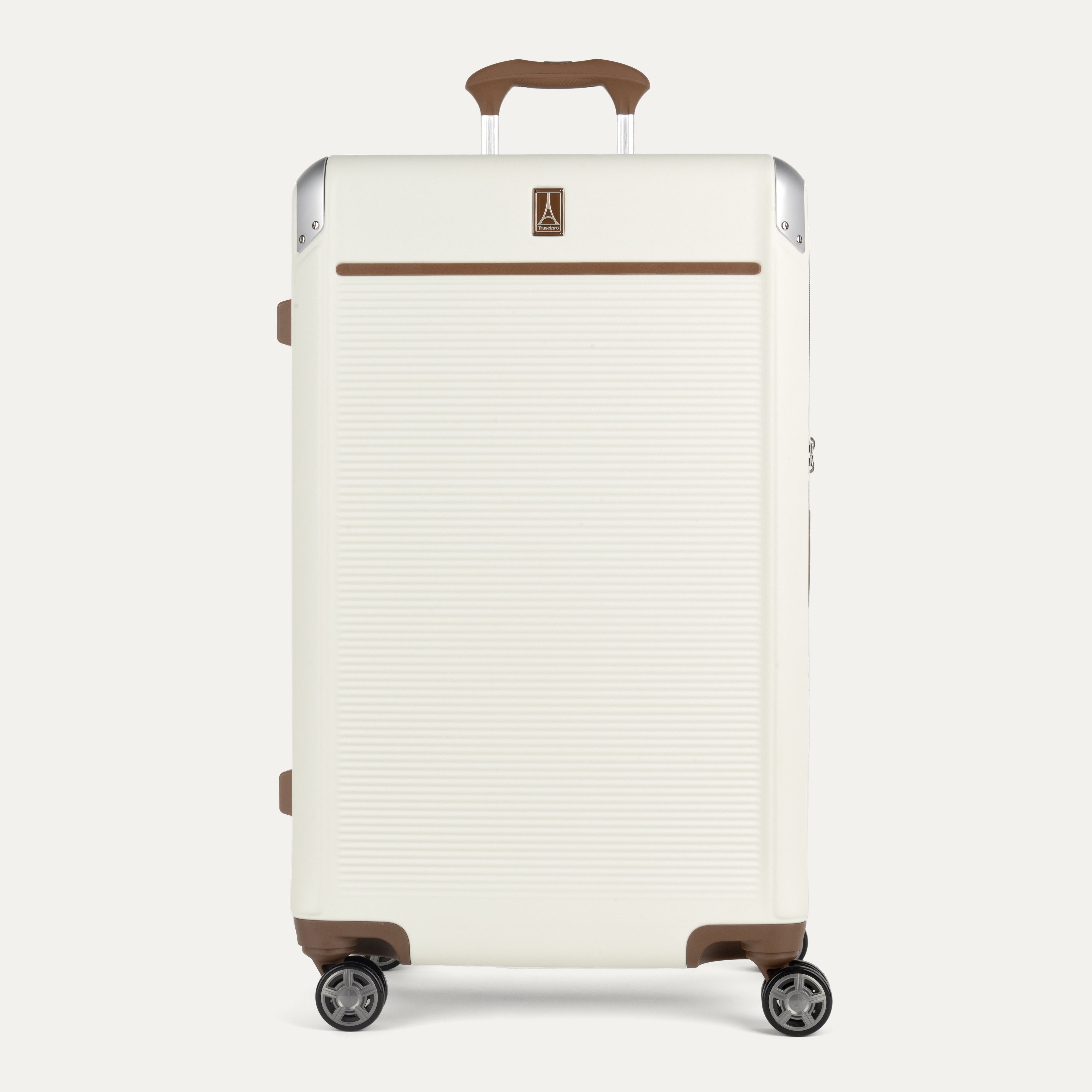 White suitcase with brown accents on a white background