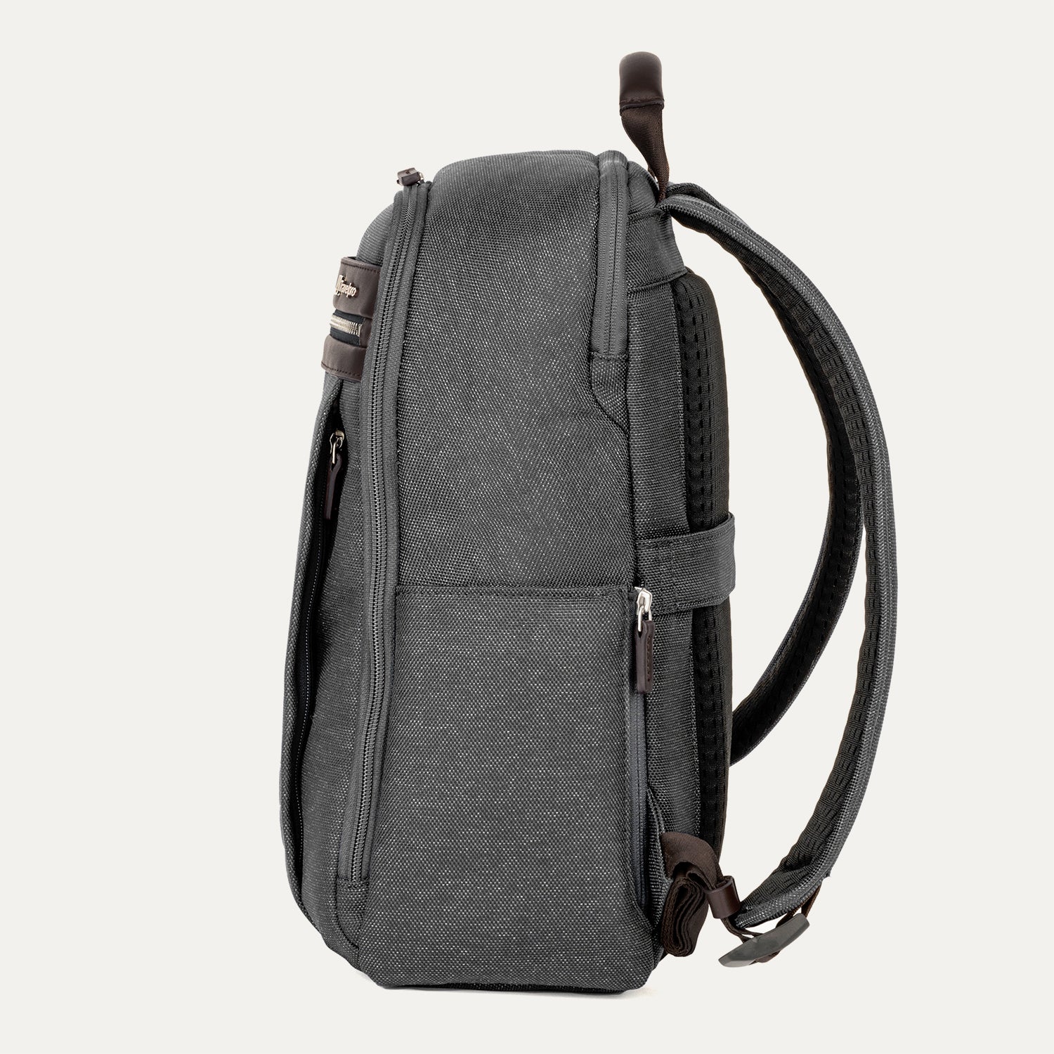 Grey backpack turned to the side