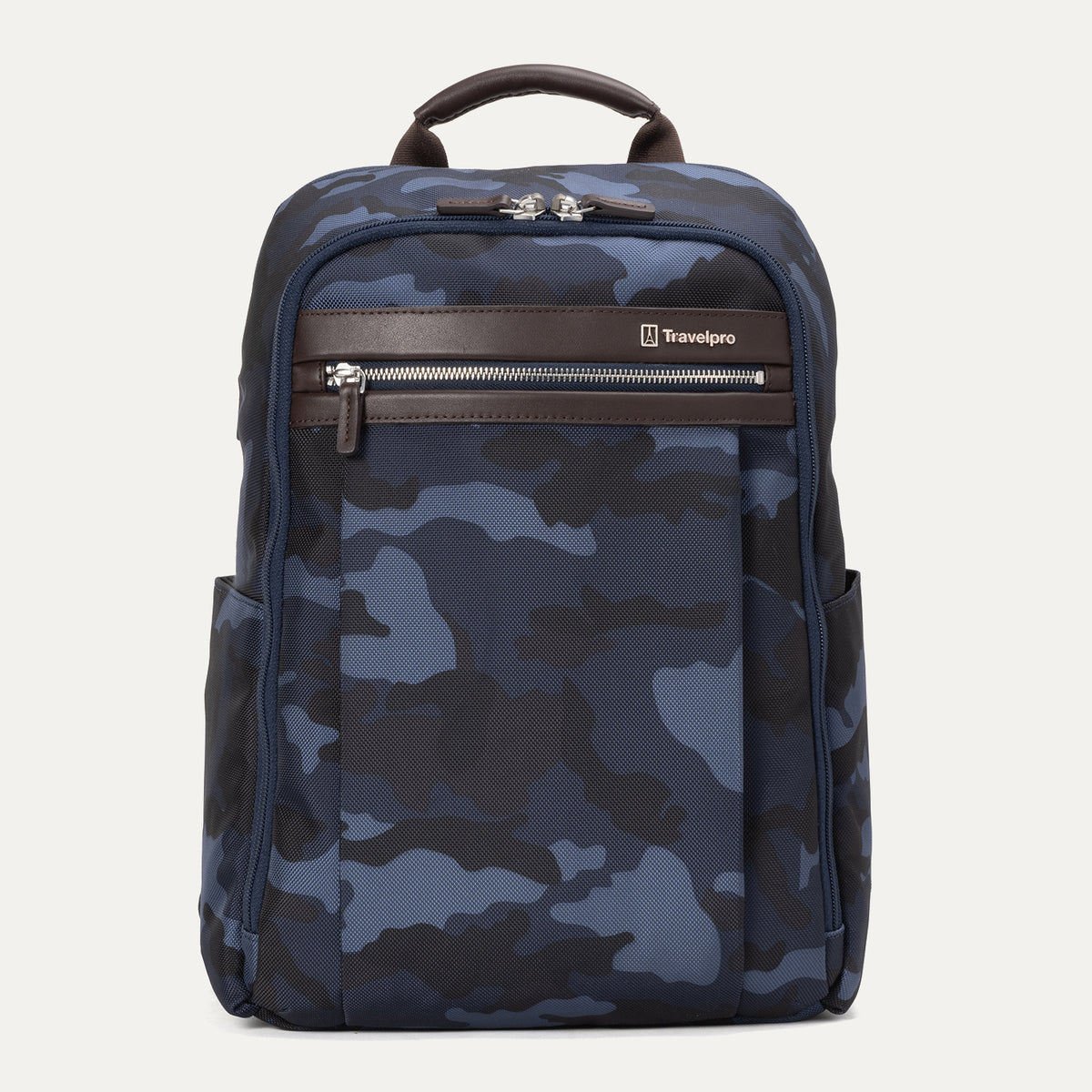 A Navy camouflage Travelpro Platinum Elite slim backpack with a leather top handle and YKK zippers.