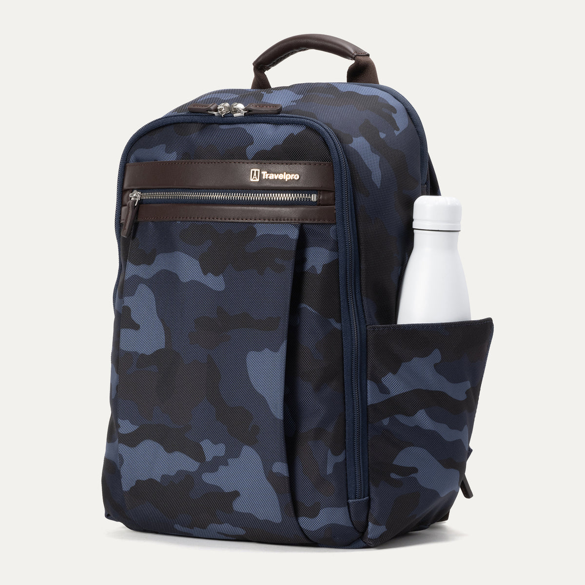 Angled front view of Travelpro Platinum Elite Slim Backpack in Navy Camouflage with zippered front pocket and side water bottle holder.