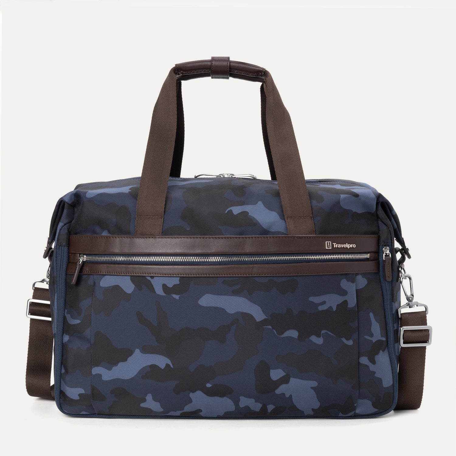 Front view of the Platinum® Elite Soft Duffel in blue camouflage, featuring dual brown handles with a snap closure, a leather-trimmed front zipper pocket, and an adjustable shoulder strap.