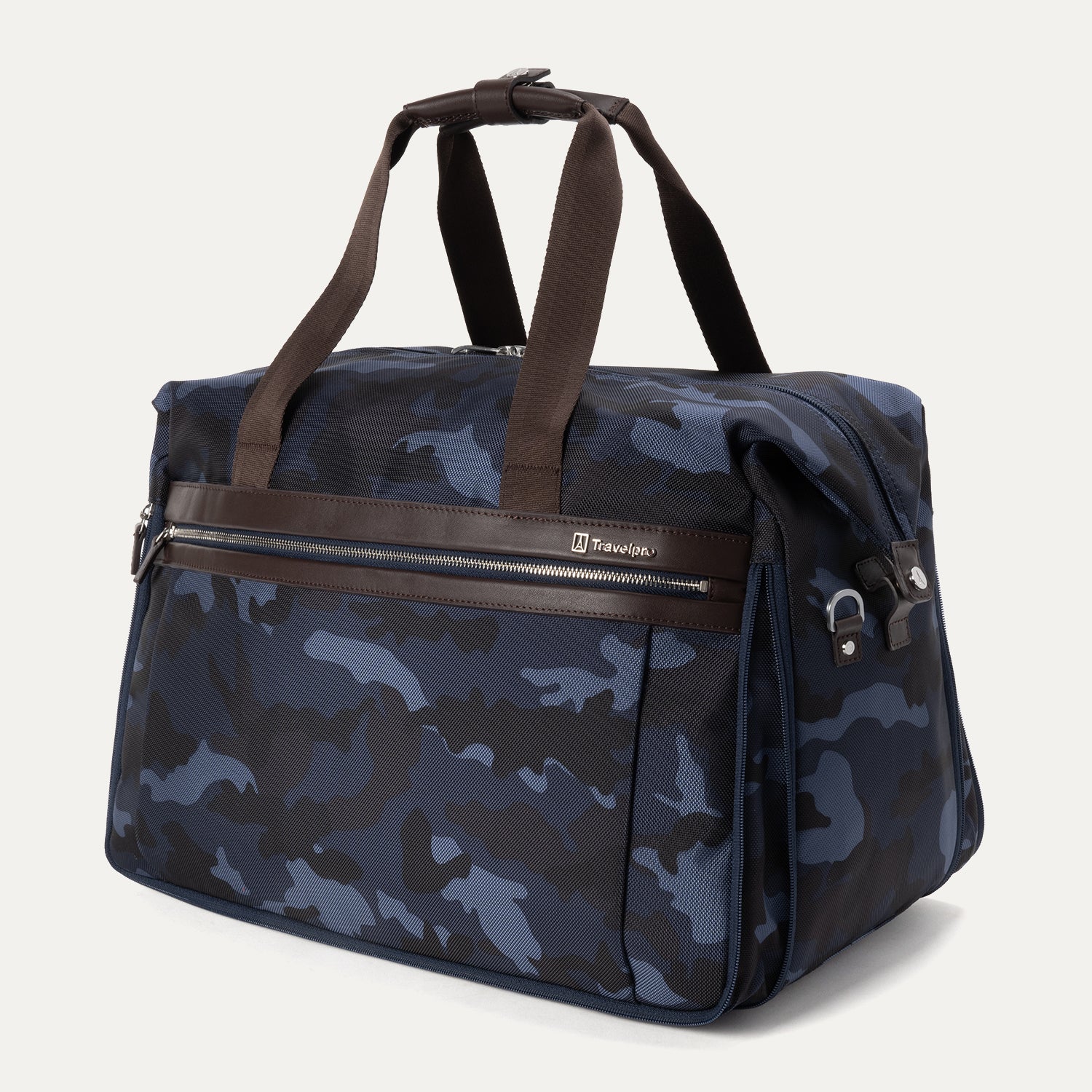 Expanded Platinum® Elite Soft Duffel in Camouflage, shown at an angle to highlight its structured shape, dual top handles, side attachment points, and front zippered pocket with leather trim.