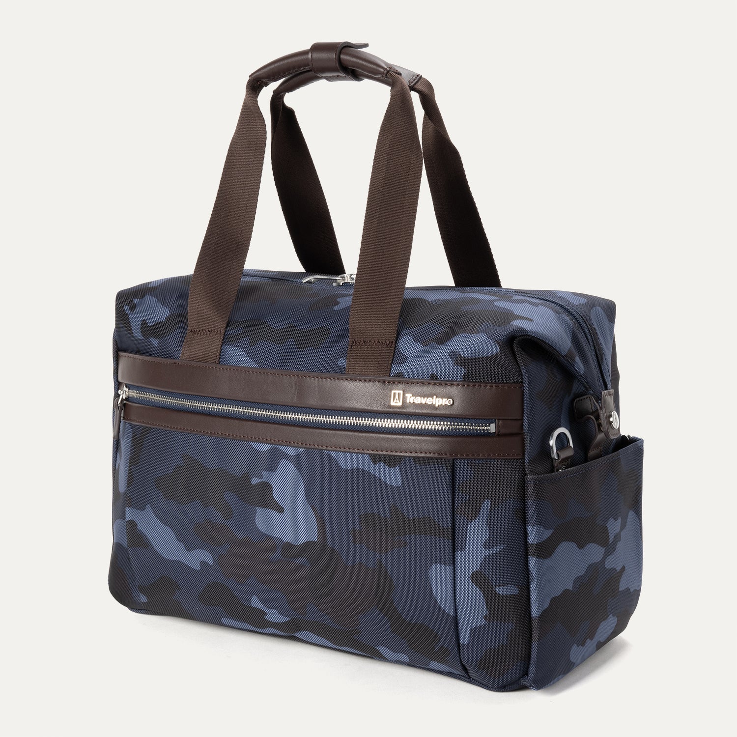 Platinum® Elite UnderSeat Tote in Camouflage, featuring dual top handles, front zippered pocket, and stacking strap for stacking on luggage.
Ask ChatGPT