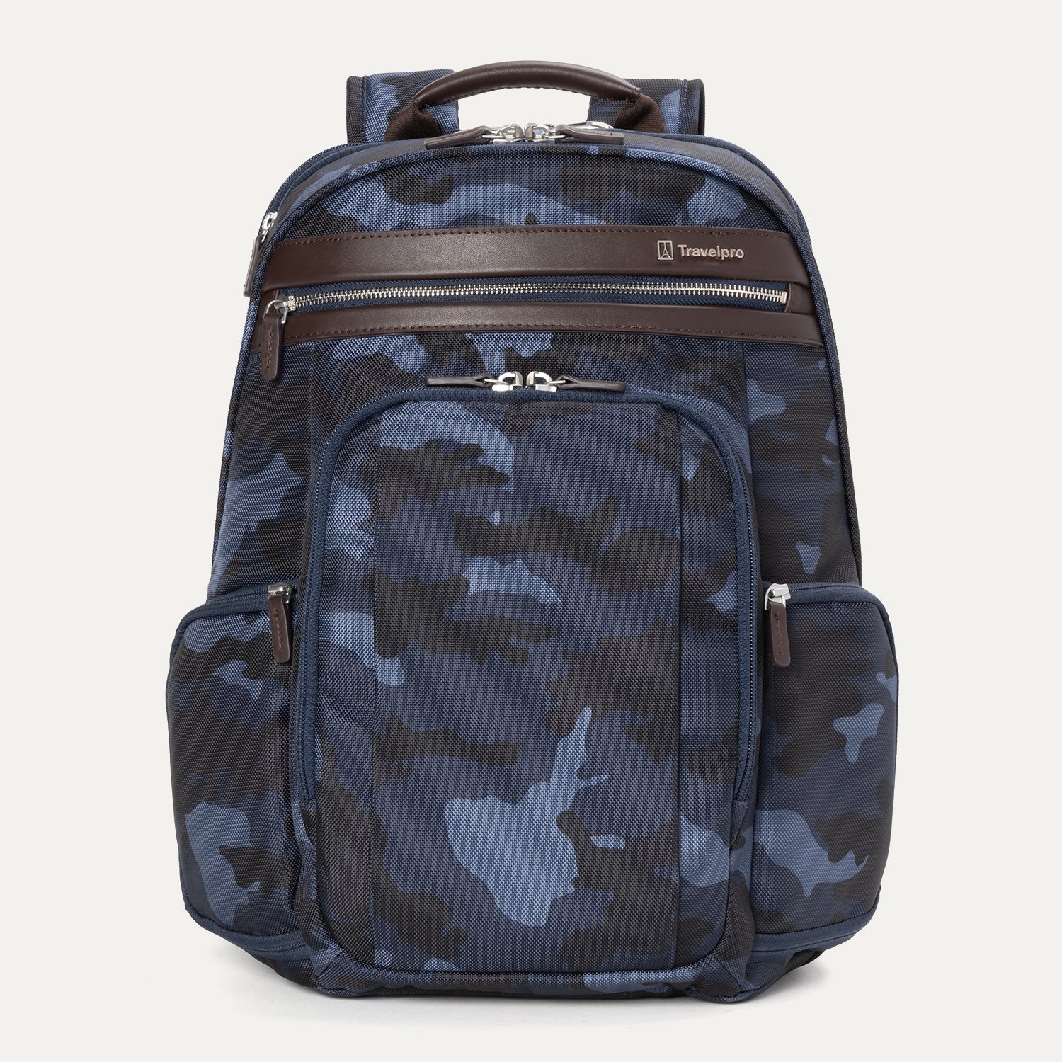 A blue camouflage pattern Travelpro Platinum Elite Business Backpack with leather accents, multiple compartments, and YKK zippers.