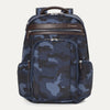 A blue camouflage pattern Travelpro Platinum Elite Business Backpack with leather accents, multiple compartments, and YKK zippers.