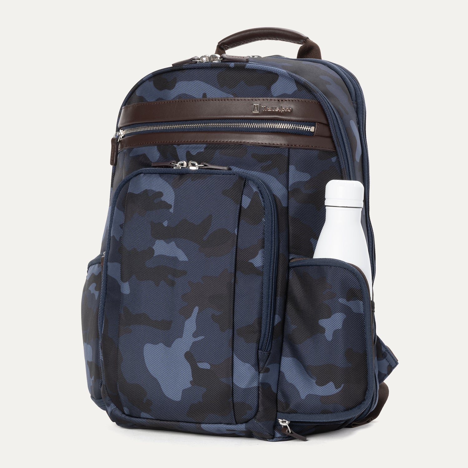 Platinum® Elite Business Backpack in camouflage with brown leather trim, featuring a front zippered compartment and a water bottle in the side pocket.