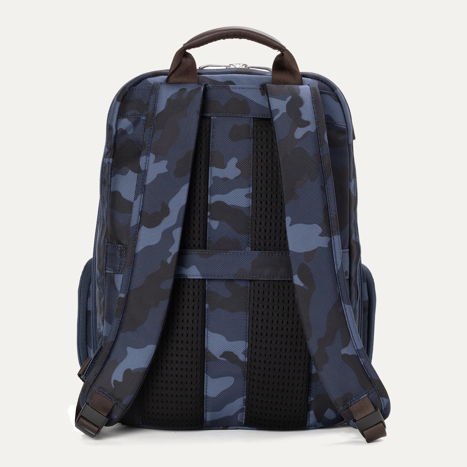 Rear view of the Platinum® Elite Business Backpack in blue camouflage, showing padded adjustable shoulder straps and a breathable mesh back panel.