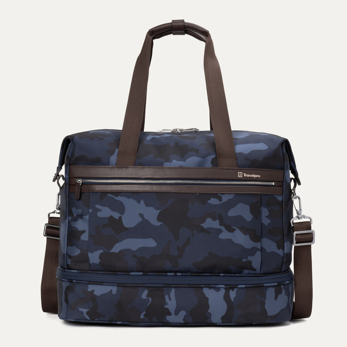 Front view of Travelpro Platinum Elite Drop-Bottom Weekender in Navy Camouflage with dual carry handles and zippered front pocket.