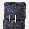 Rear view of Travelpro Platinum Elite Drop-Bottom Weekender in Navy Camouflage stacked on luggage handle using rear stacking strap.