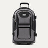A gray and black Travelpro carry-on rollaboard luggage bag with telescopic handle, top and side carry handles