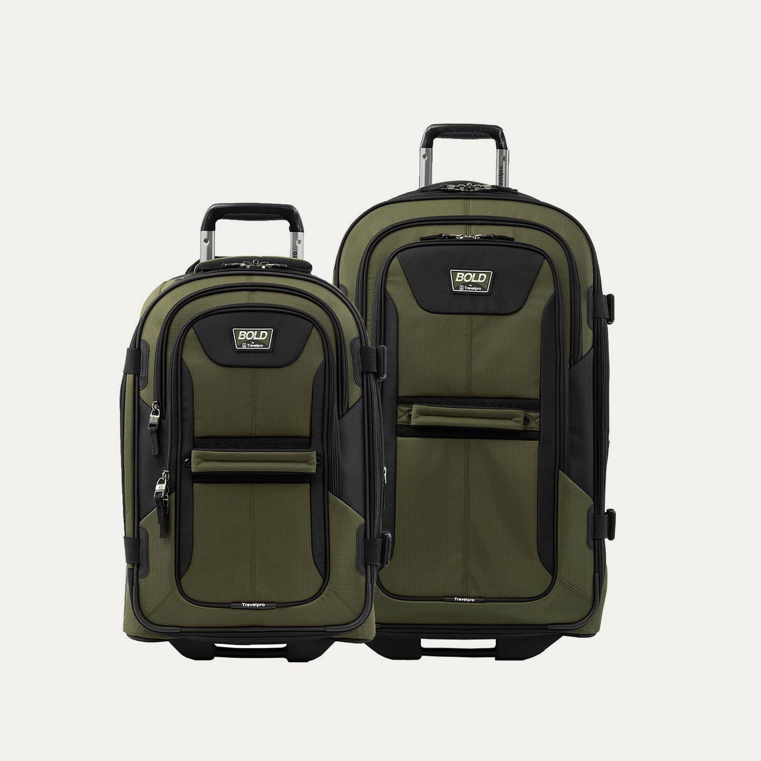 Front view of the Travelpro® BOLD™ by Travelpro® Carry-On and Large Check-In Rollaboard® Set in Olive Black, featuring durable construction and smooth-rolling wheels.