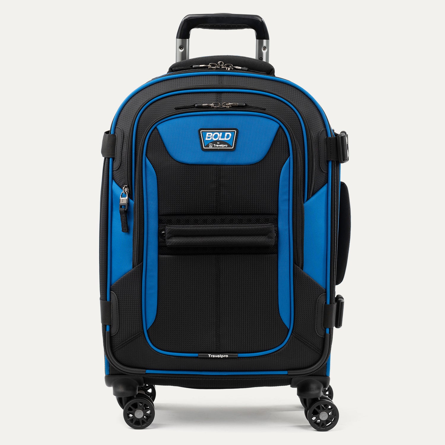 Front view of the Travelpro Bold Carry-On Expandable Spinner in Blue/Black, equipped with 360° Spinner Wheels for smooth mobility.