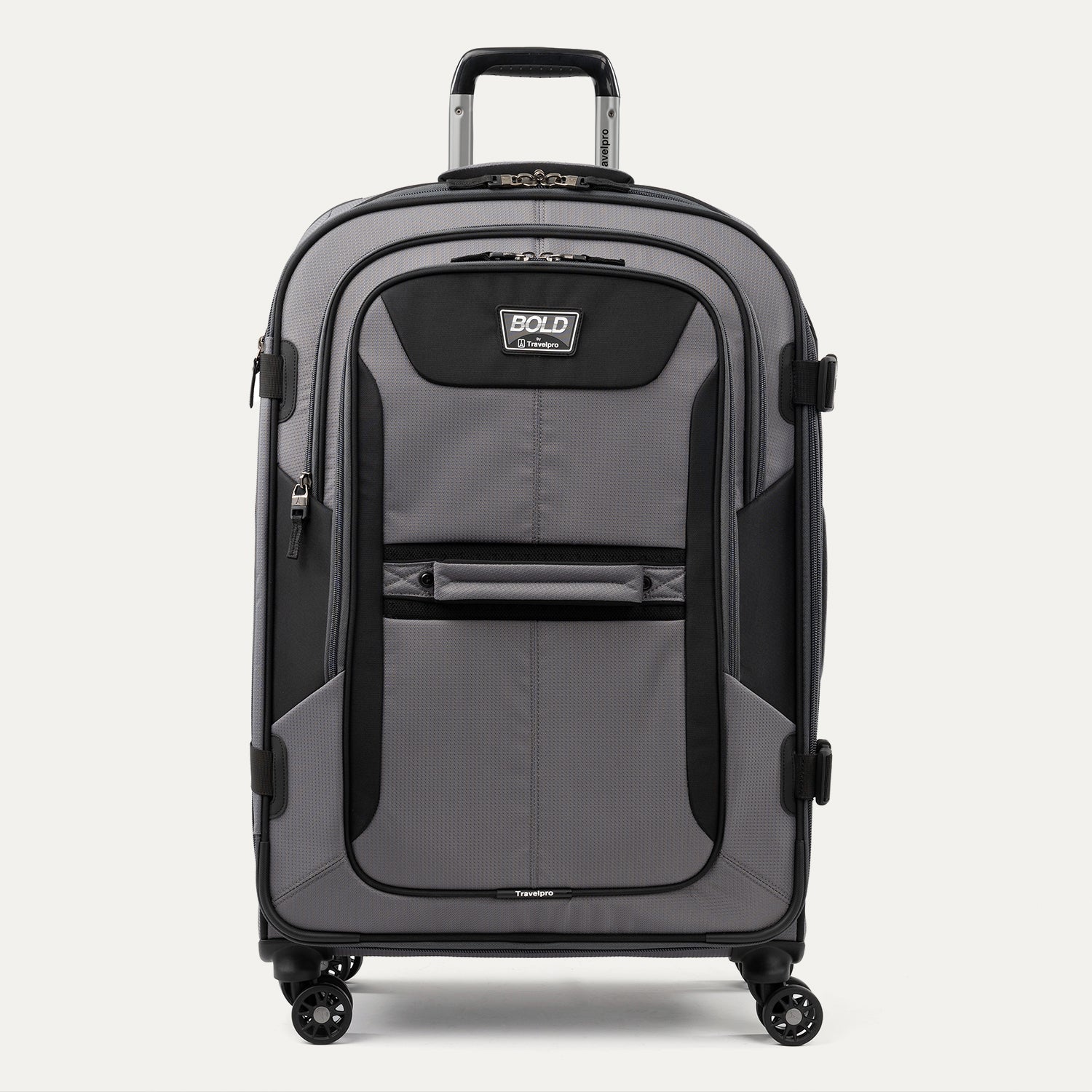 Front-facing Travelpro Bold Medium Check-In Expandable Spinner in Gray and Black