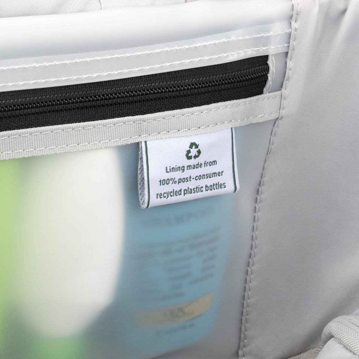 Label on a product indicating recycled plastic bottle lining