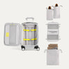 Open suitcase with travel accessories on a white background