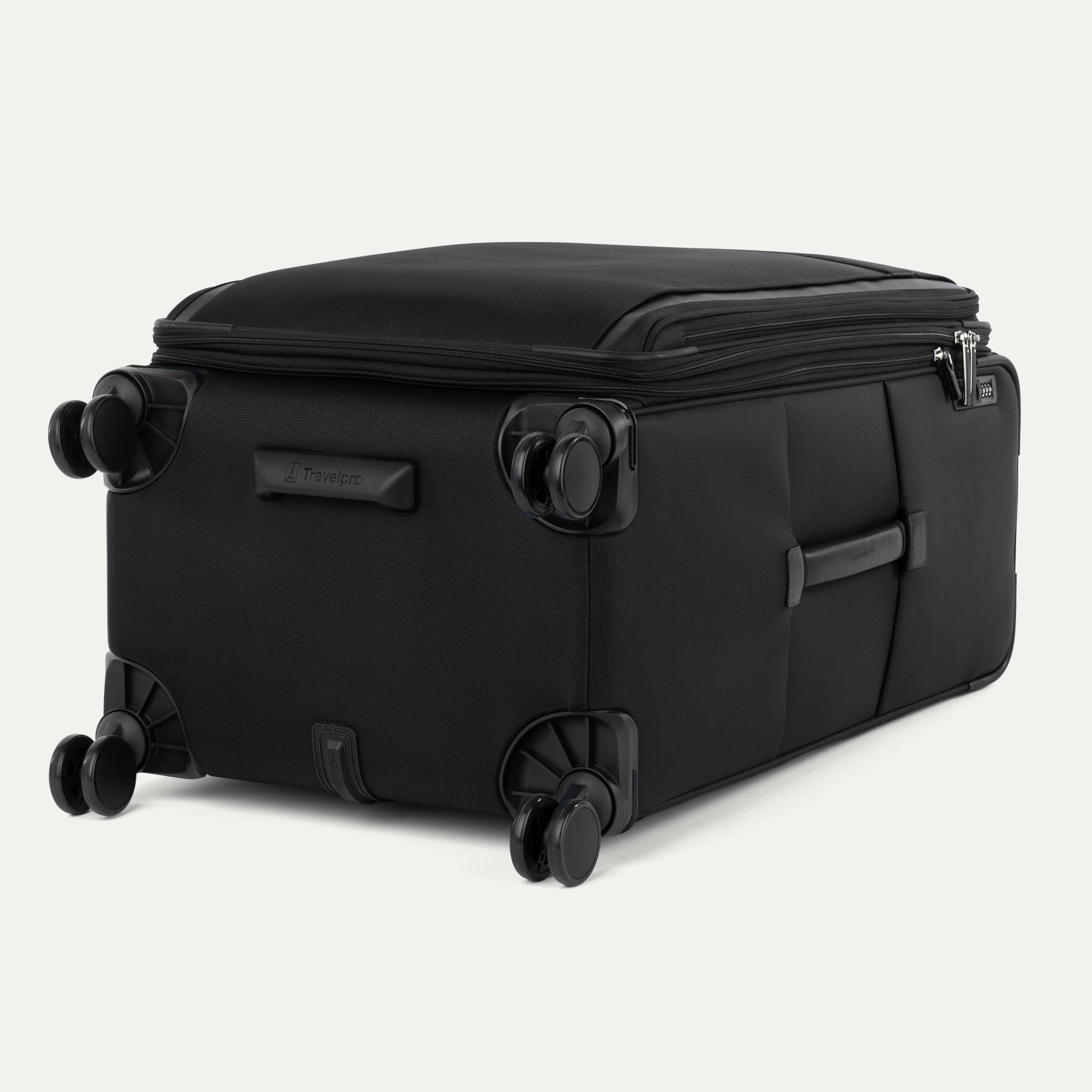 Black suitcase with black wheels on a white background
