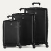 A set of three black VersaPack+ expandable spinner suitcases in carry-on, medium, and a large size